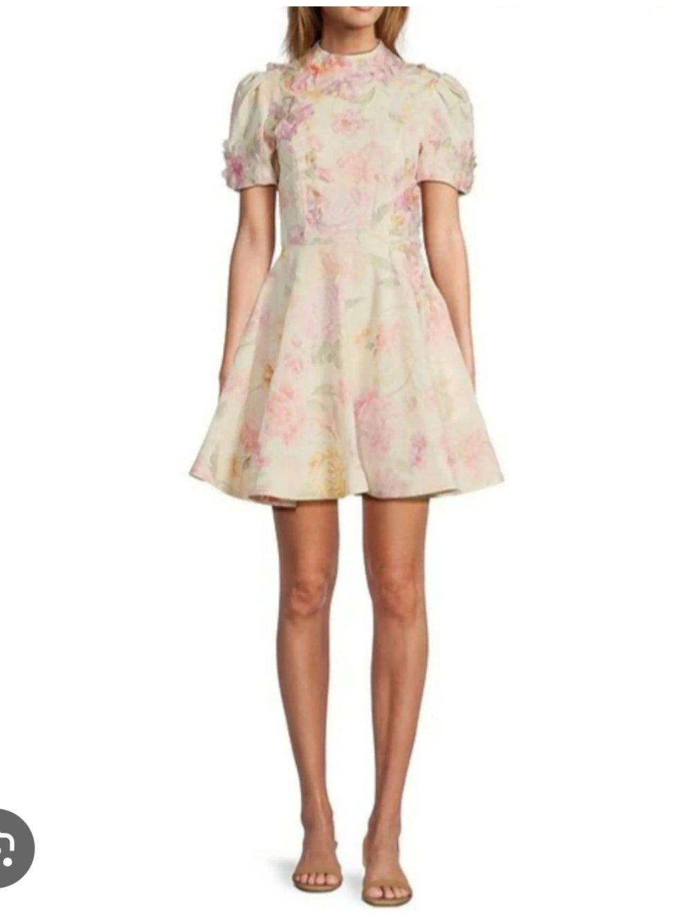 ANTONIO MELANI Cream Floral Fit-and-Flare Dress with Pink and Yellow Accents